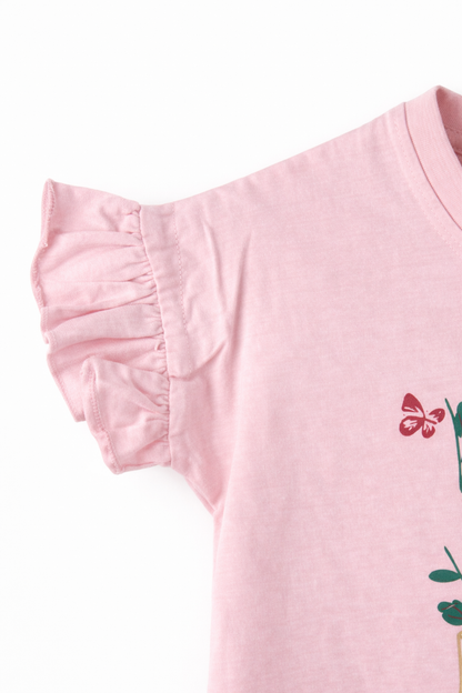 Girls Pink Floral Print Top with Ruffle Sleeves – Casual Summer Shirt