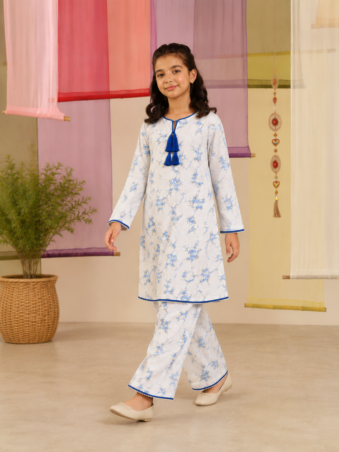 Blue Floral Tassel Suit