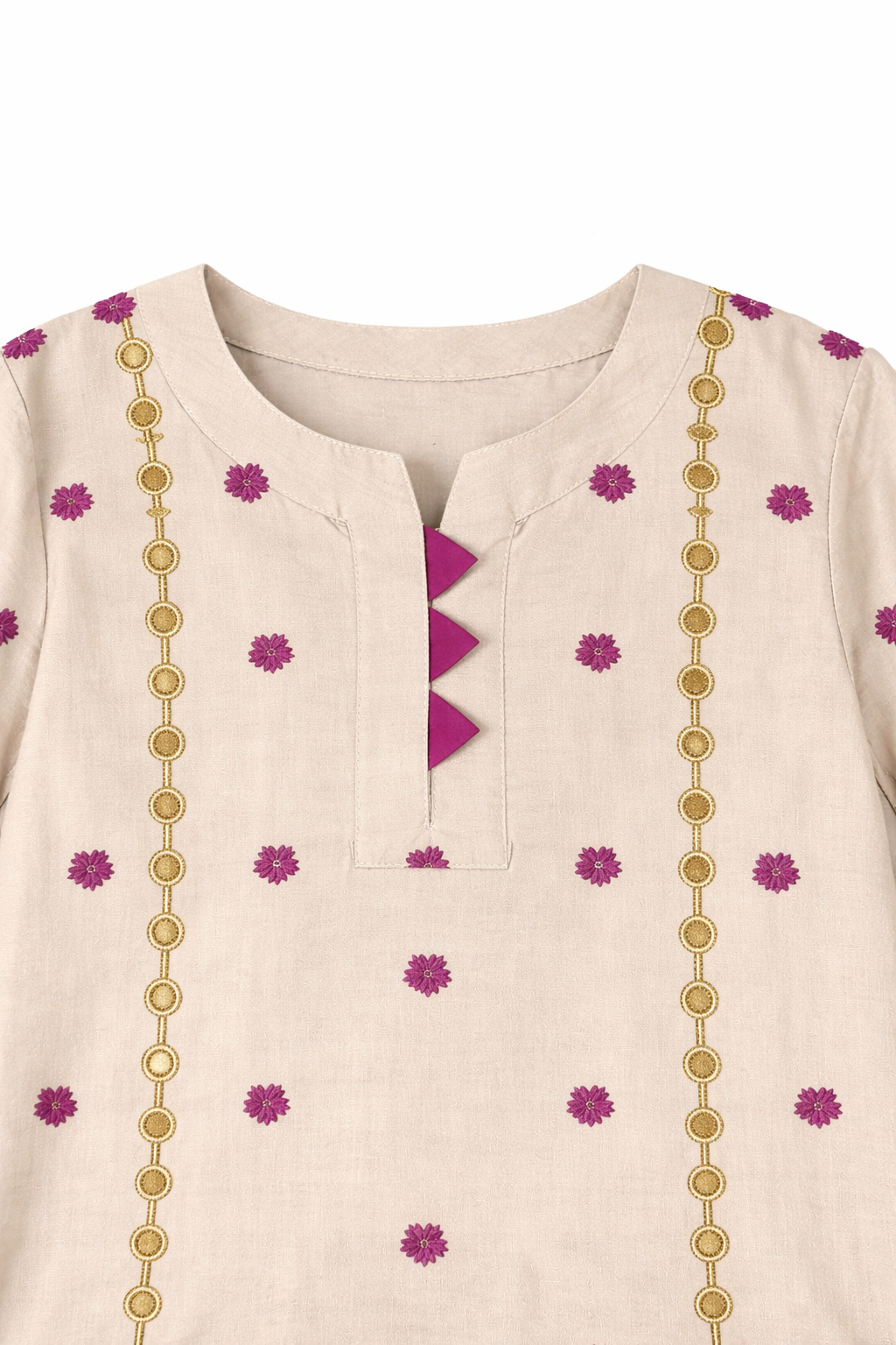 Girls Beige Ethnic Pattern Cotton Kurta Set