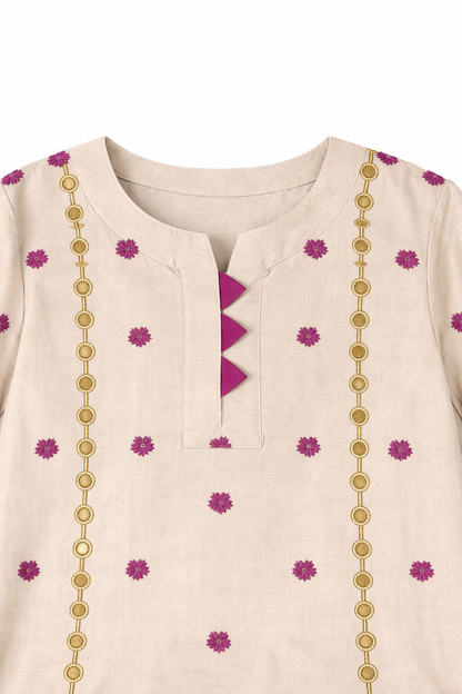 Girls Beige Ethnic Pattern Cotton Kurta Set