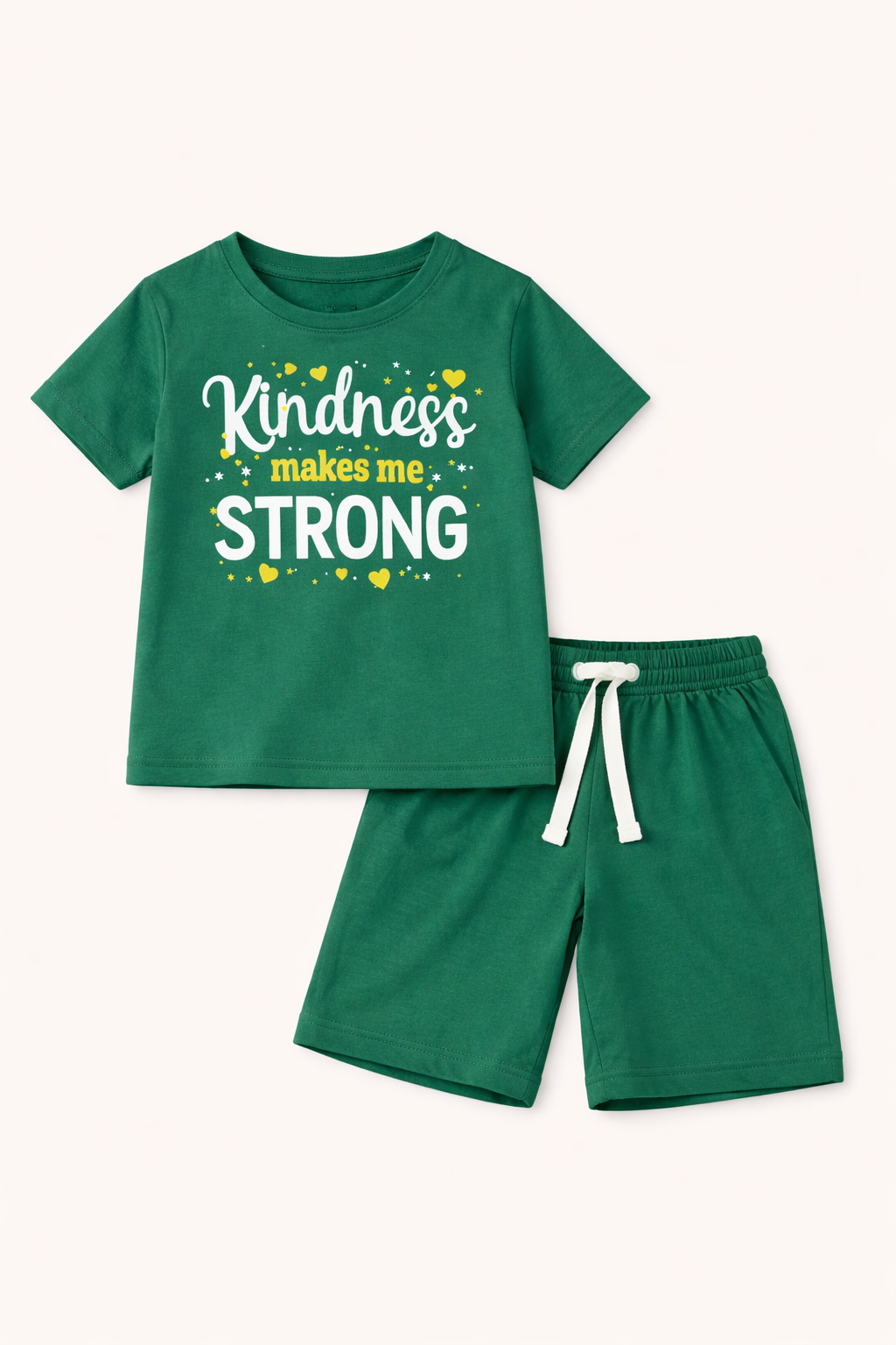 Green Kindness Print Kids Casual T-Shirt Shorts Set