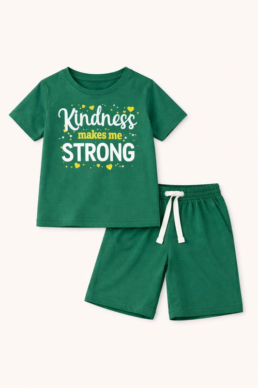 Green Kindness Print Kids Casual T-Shirt Shorts Set