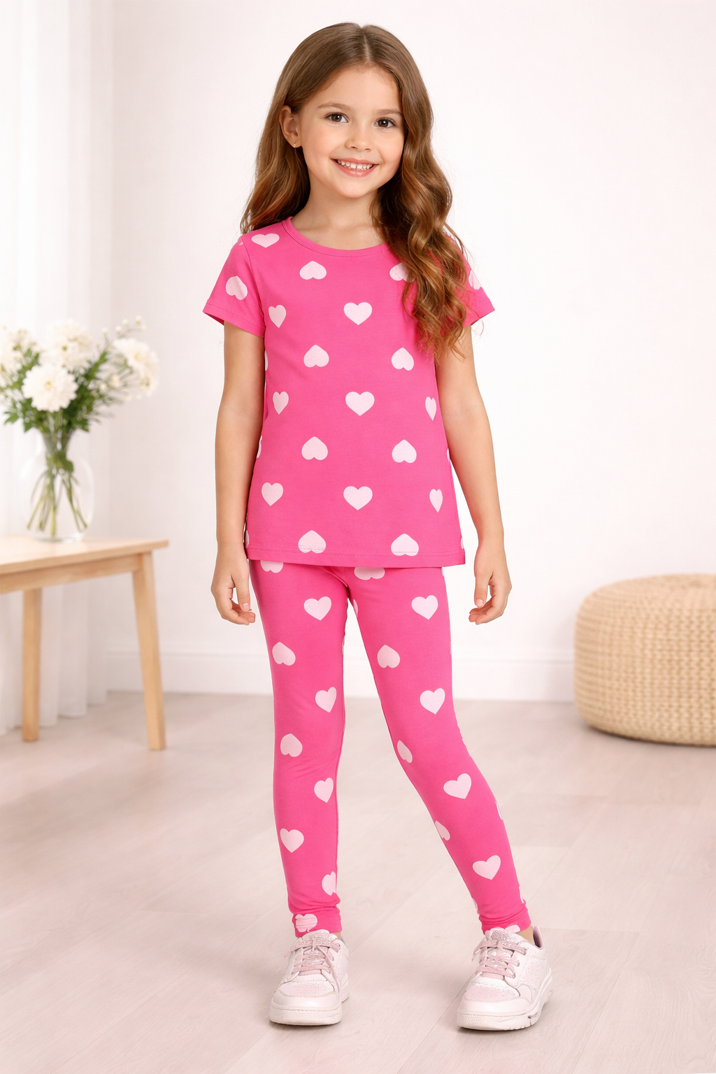 Trendy Girls Pink Heart Print Summer Outfit Set