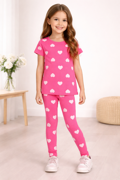 Trendy Girls Pink Heart Print Summer Outfit Set