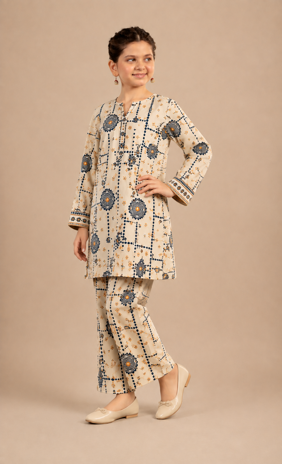 Beige & Navy Printed