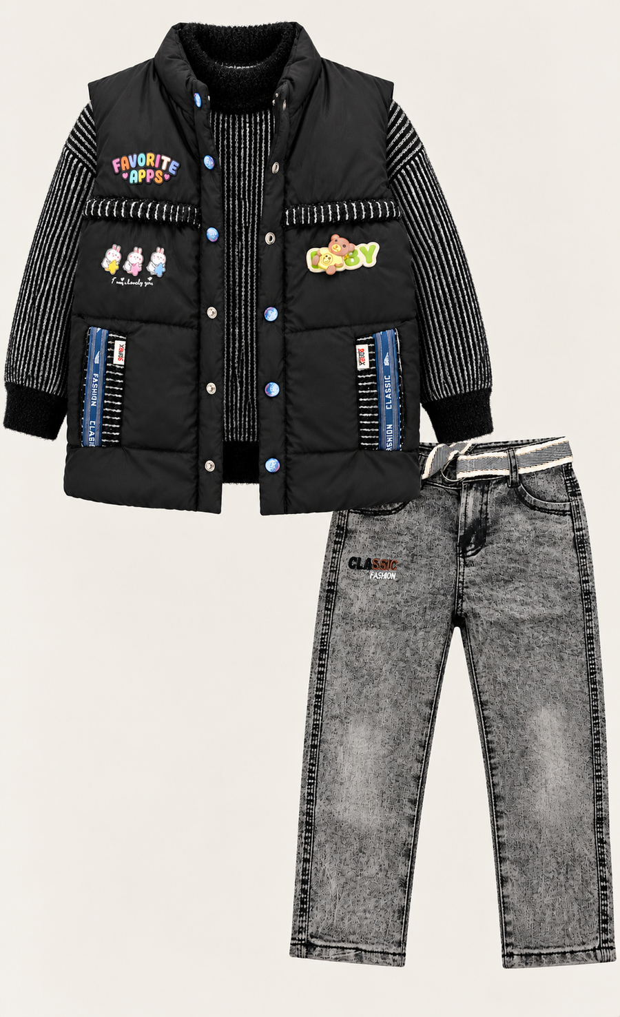 Kids Black Puffer Jacket & Grey Denim 3pc