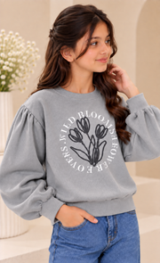Grey Puff-Sleeve Sweatshirt
