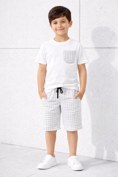 Boys White Cotton Grid Pocket Tee & Check Shorts set