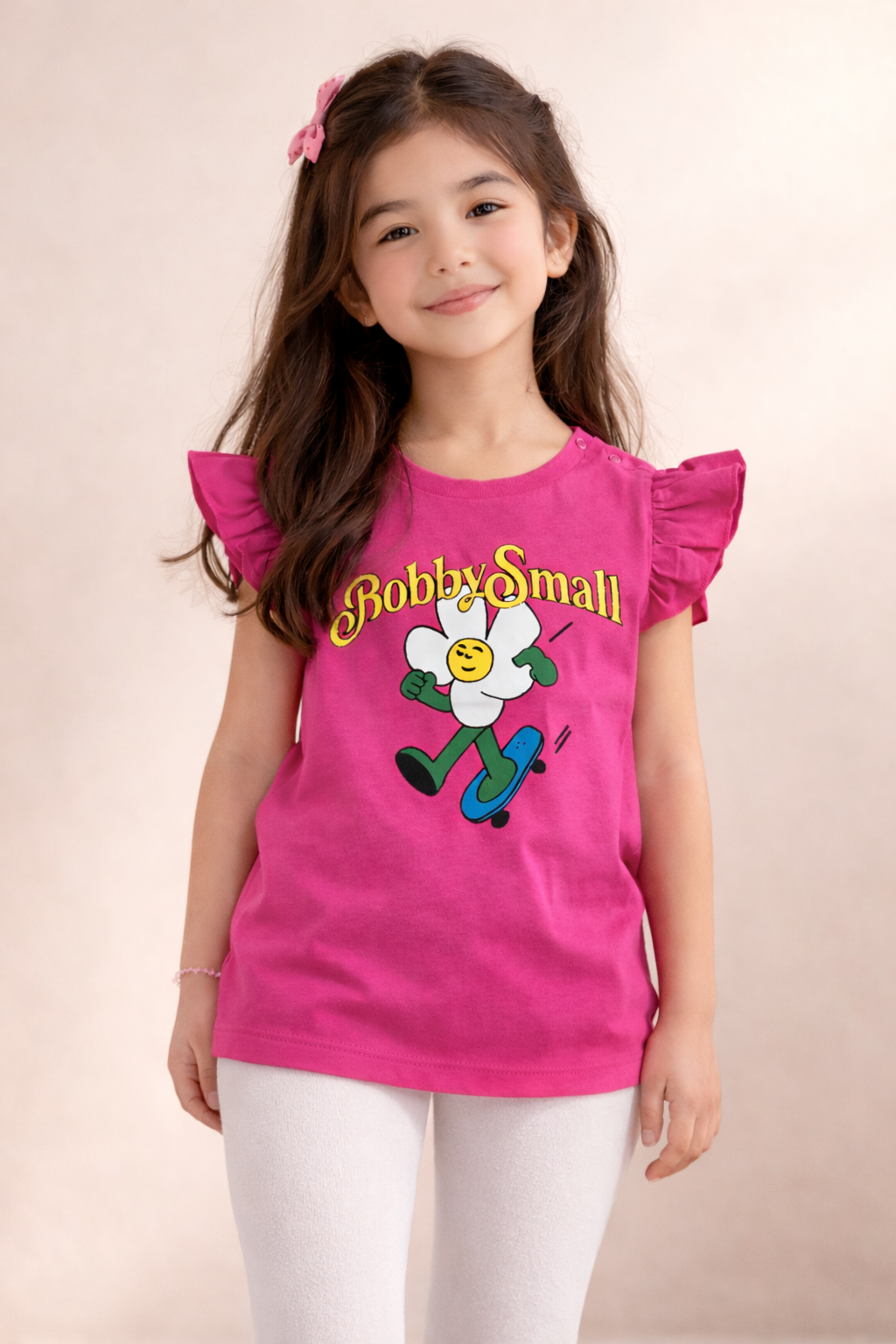 Pink Flower Cartoon Graphic Tee for Girls