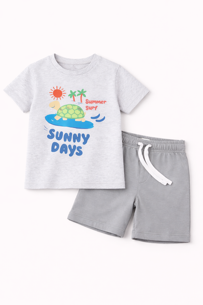 Boys Summer Turtle Graphic Cotton Shorts Set Outfit