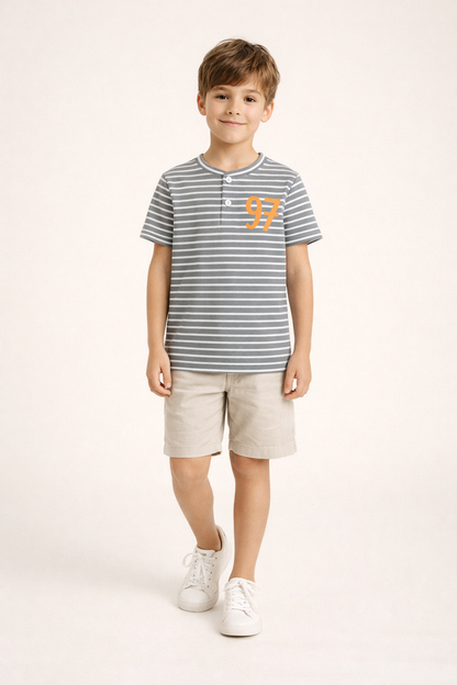 Boys Grey Stripe Henley T-Shirt with 97 Print