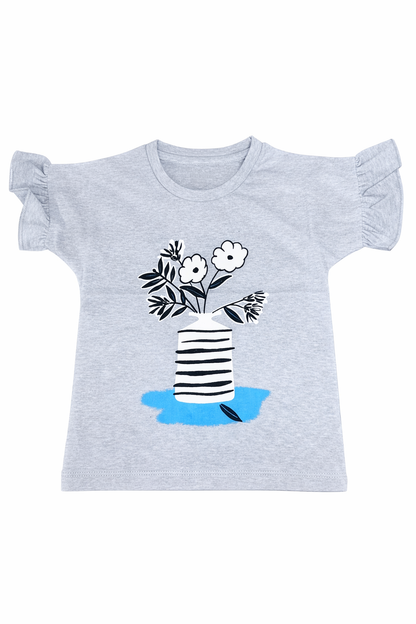 Girls Grey Floral Print Ruffle Sleeve Summer Top