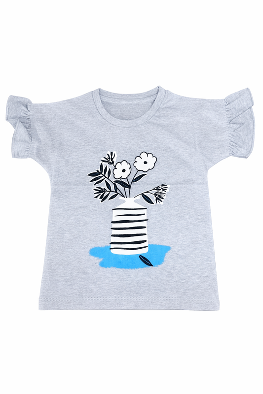 Girls Grey Floral Print Ruffle Sleeve Summer Top