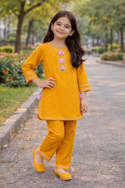 Girls Signature Mustard Embroidered 2-PC Kurta Set