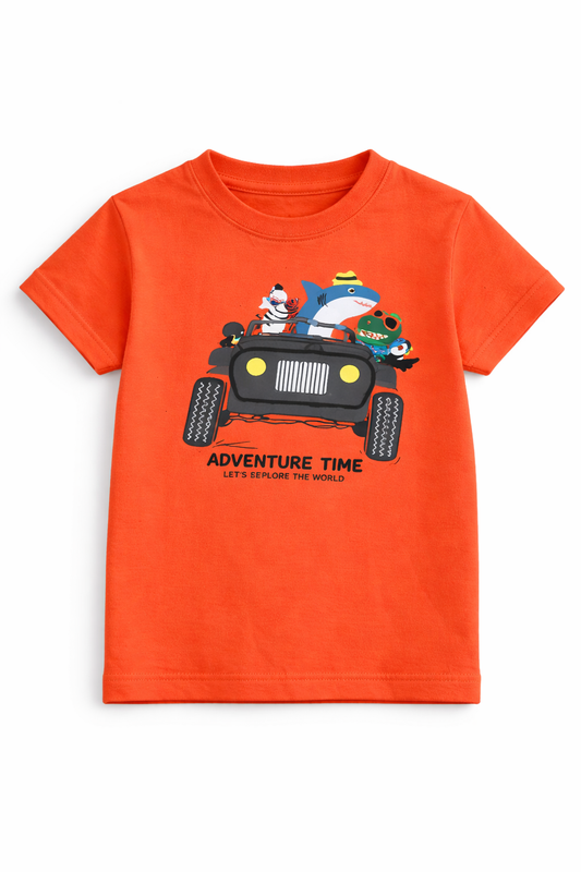 Kids Adventure Print Cotton T-Shirt Bright Orange