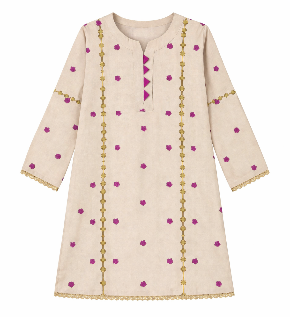 Girls Beige Ethnic Pattern Cotton Kurta Set