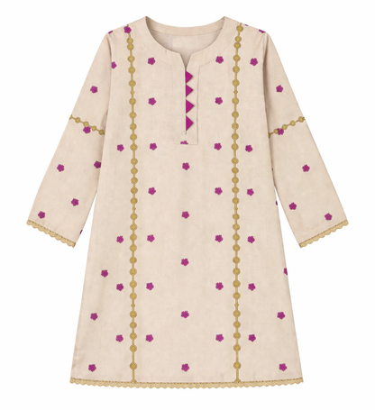 Girls Beige Ethnic Pattern Cotton Kurta Set