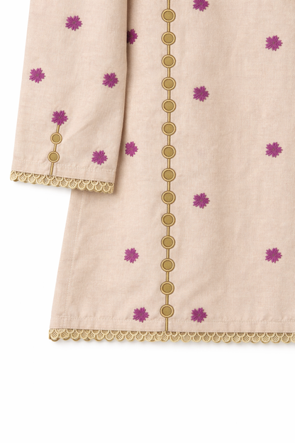 Girls Beige Ethnic Pattern Cotton Kurta Set