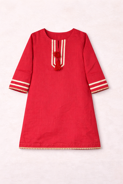 Girls Traditional Red Kurta Trouser Cotton Set