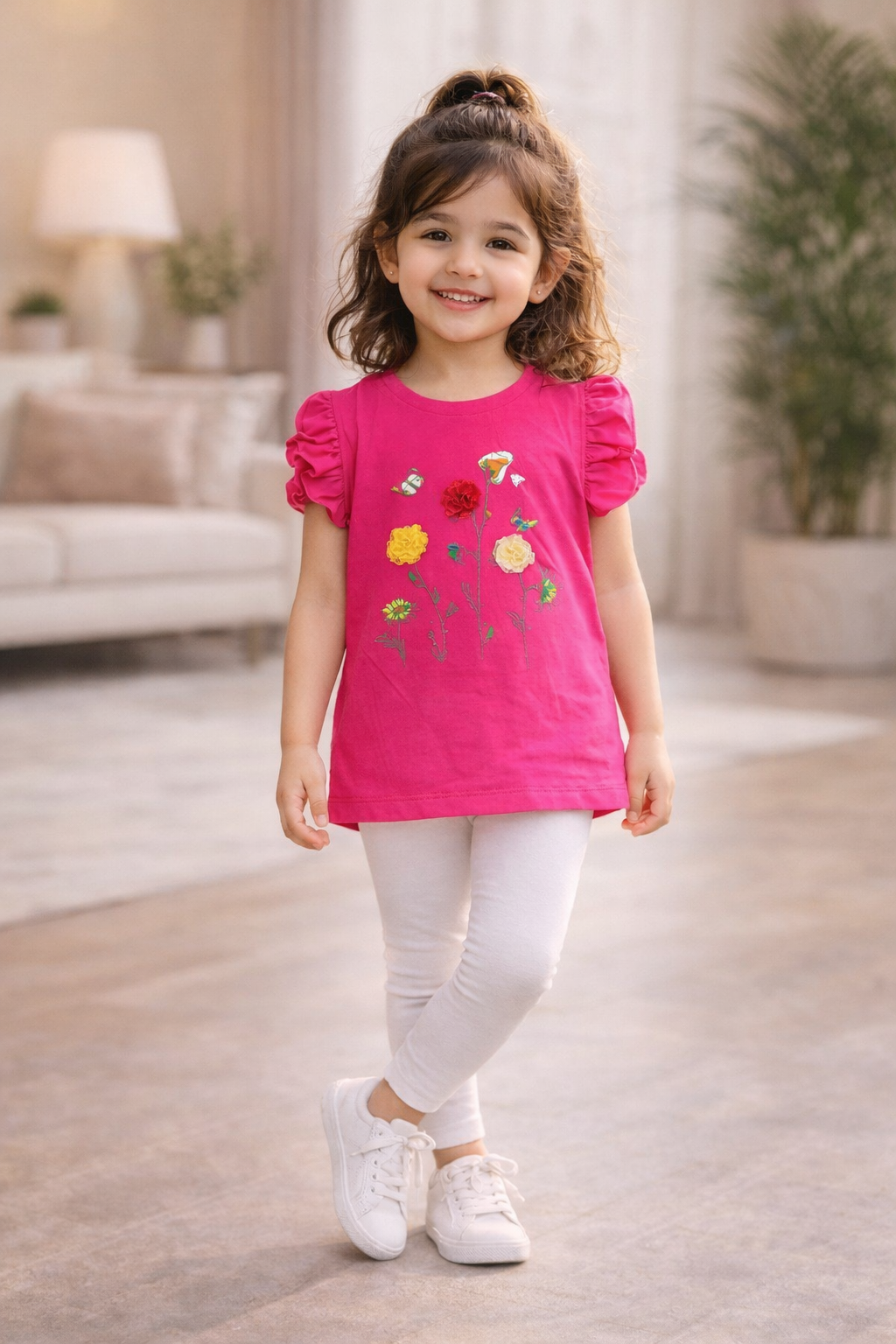 Soft Cotton Pink Girls Top with Floral Applique