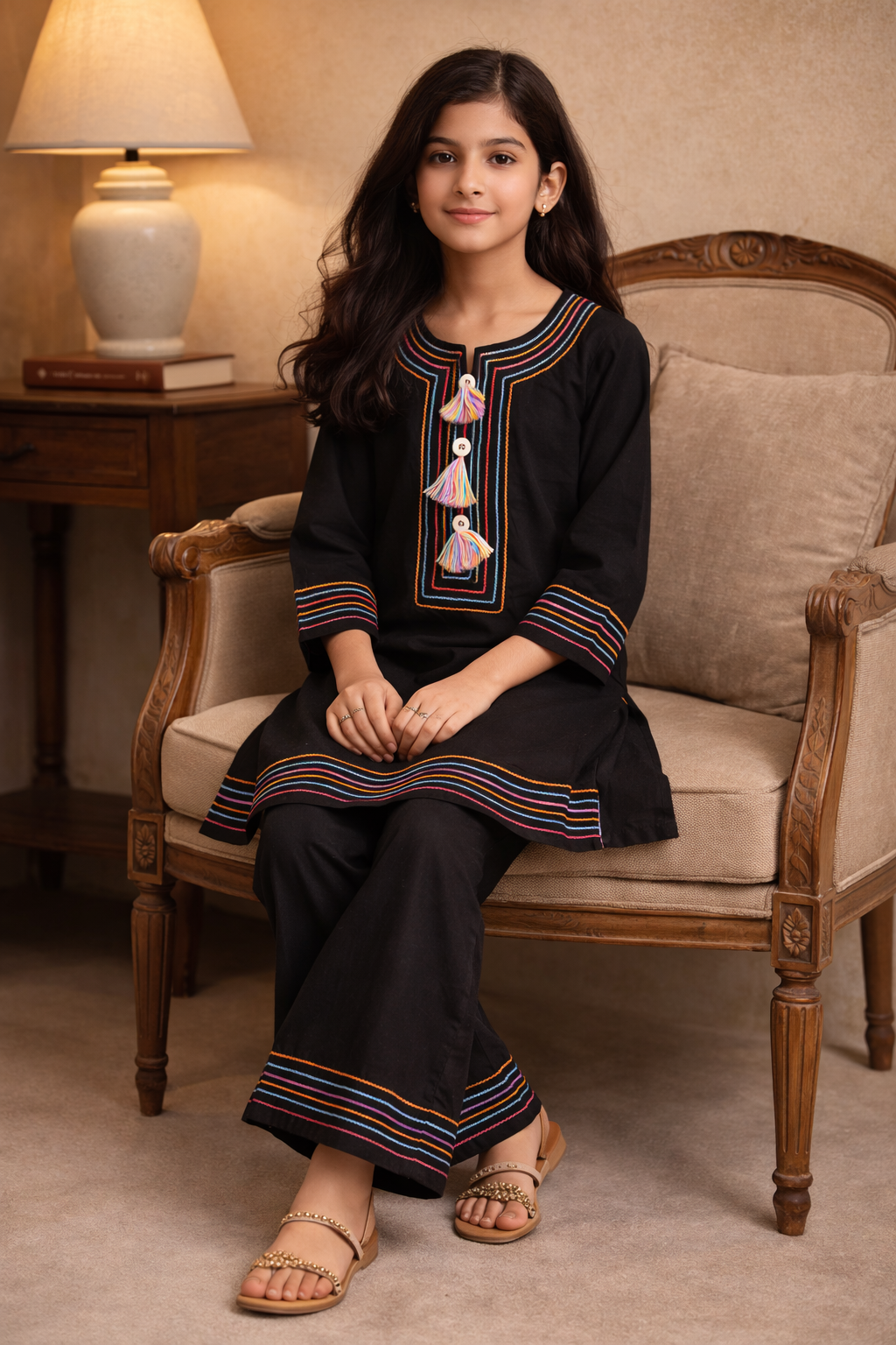 Black Rainbow Embroidered Kurta Set for Girls – 2 Piece Suit
