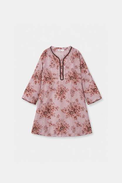 Girls Dusty Pink Floral Kurta Trouser Outfit set