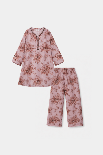 Girls Dusty Pink Floral Kurta Trouser Outfit set