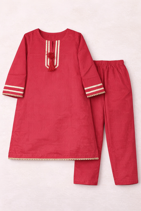 Girls Traditional Red Kurta Trouser Cotton Set