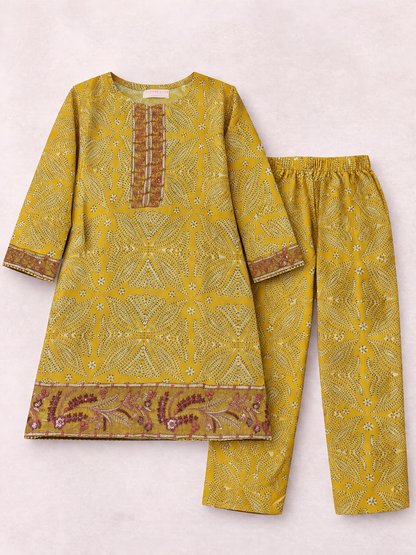 Girls Mustard Ethnic Pattern Cotton Kurta Shirt