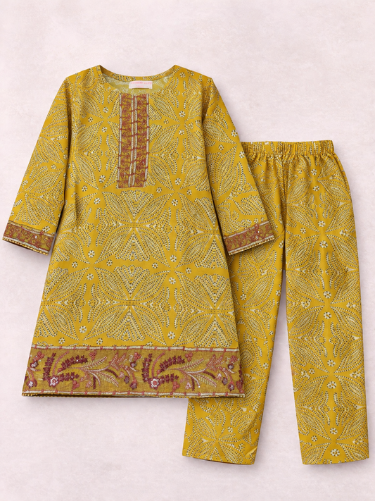 Girls Mustard Ethnic Pattern Cotton Kurta Shirt
