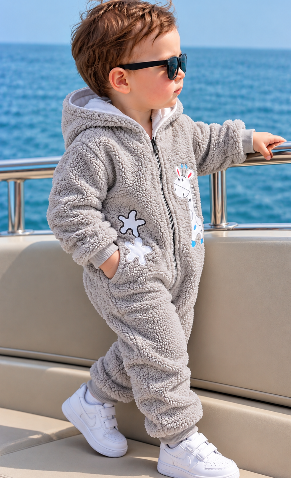 Baby Grey Teddy Fleece Hooded ROMPER