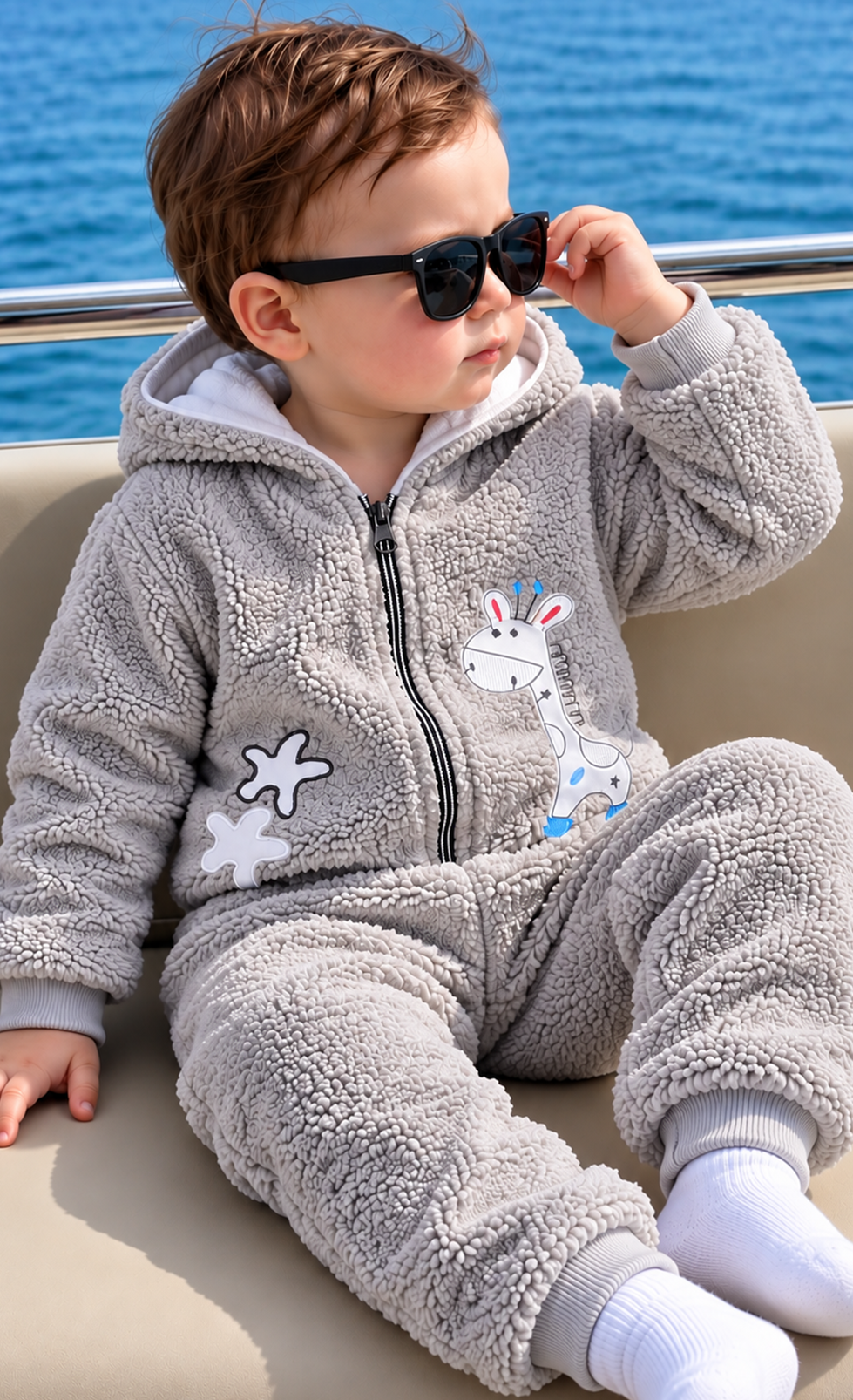 Baby Grey Teddy Fleece Hooded ROMPER