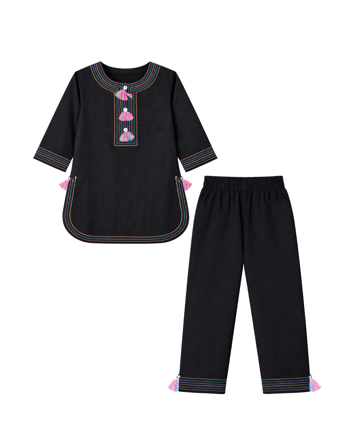 Black Rainbow Embroidered Kurta Set for Girls – 2 Piece Suit