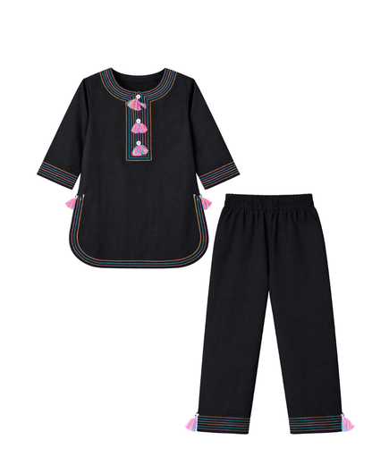 Black Rainbow Embroidered Kurta Set for Girls – 2 Piece Suit