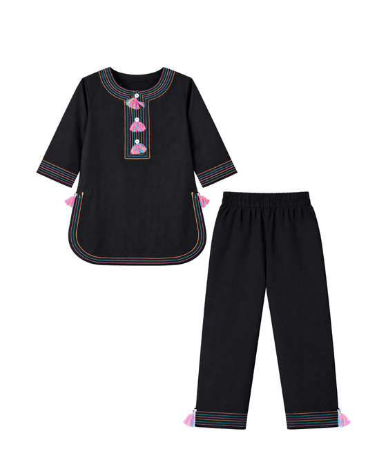 Black Rainbow Embroidered Kurta Set for Girls – 2 Piece Suit