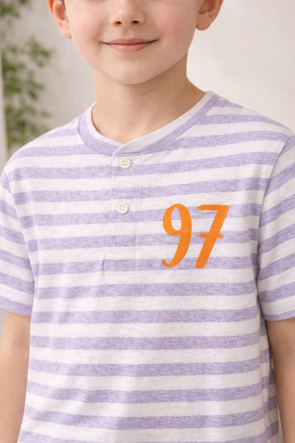 Lavender Stripe Kids Henley T-Shirt with 97 Print