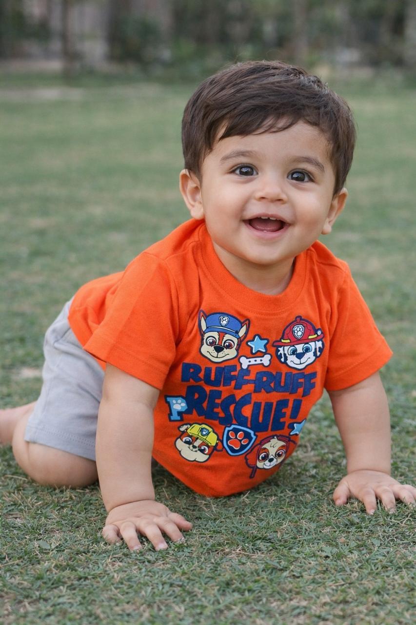 Boys Orange Graphic Tee & Grey Shorts Summer Set