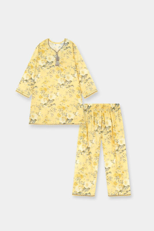 Girls Floral Lemon yellow cotton 2-Piece kurta Set