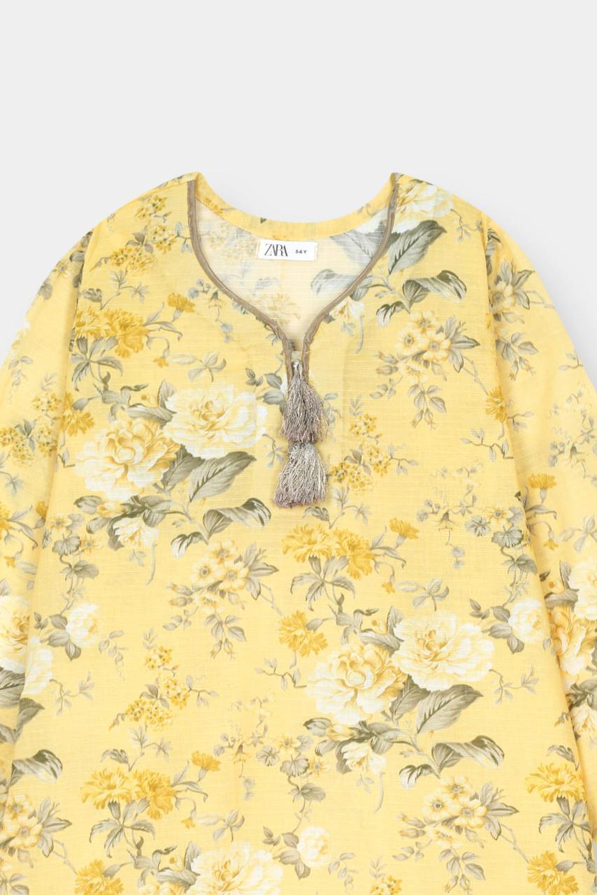 Girls Floral Lemon yellow cotton 2-Piece kurta Set