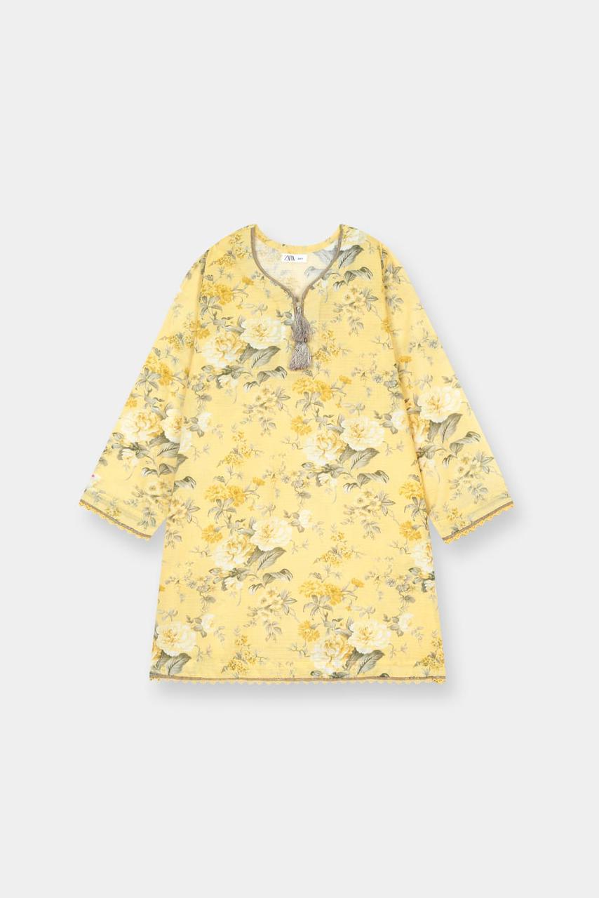 Girls Floral Lemon yellow cotton 2-Piece kurta Set