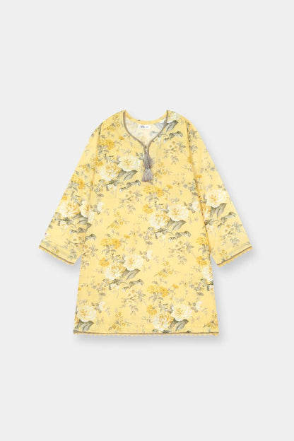 Girls Floral Lemon yellow cotton 2-Piece kurta Set
