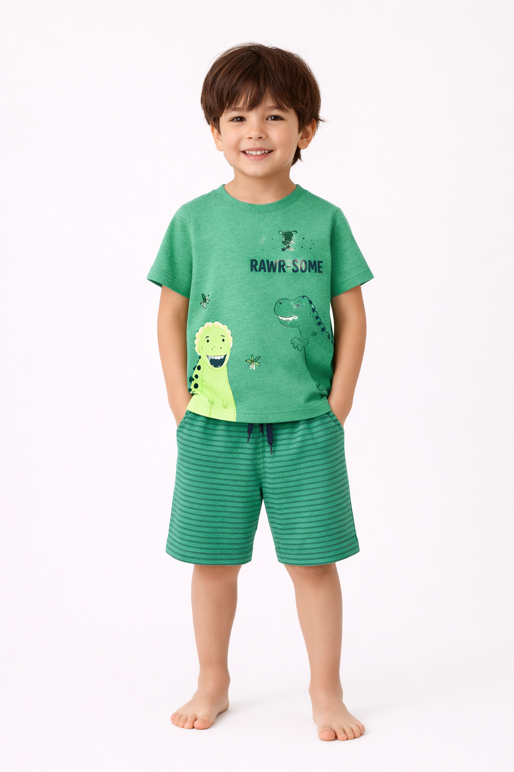Kids Green RAWR-SOME Dinosaur Shirt Shorts Set