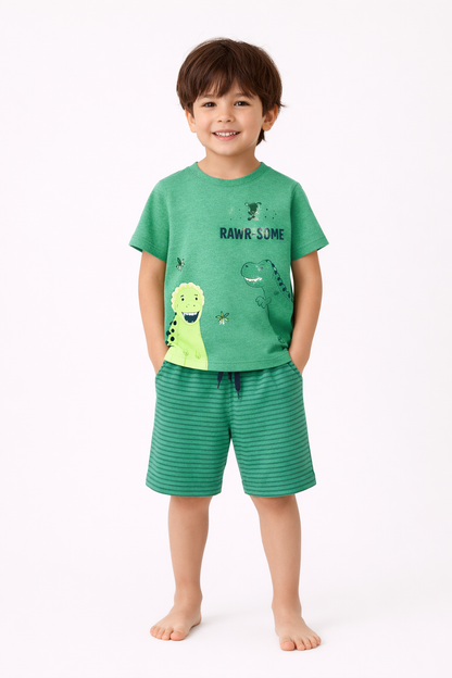 Kids Green RAWR-SOME Dinosaur Shirt Shorts Set