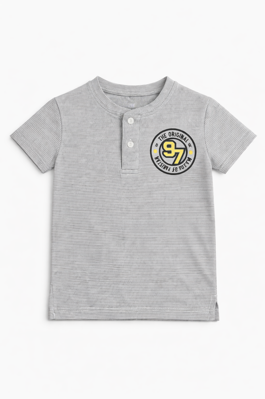 Boys Grey Striped Henley T-Shirt with 97 Patch