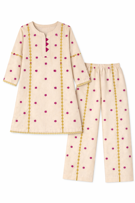 Girls Beige Ethnic Pattern Cotton Kurta Set