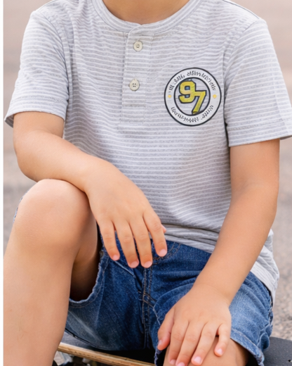 Boys white Striped Henley T-Shirt with 97 patch