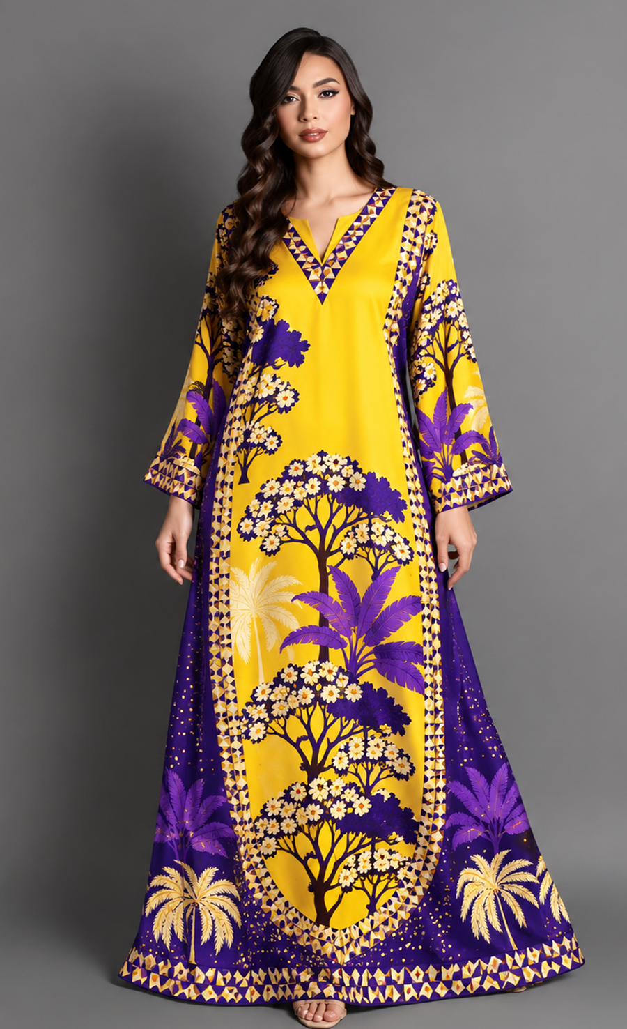 Royal Bloom Yellow & Purple Silk Kaftan