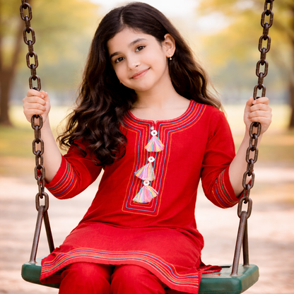 Signature Red Embroidered Girls Suit –  2PC Kurta Set