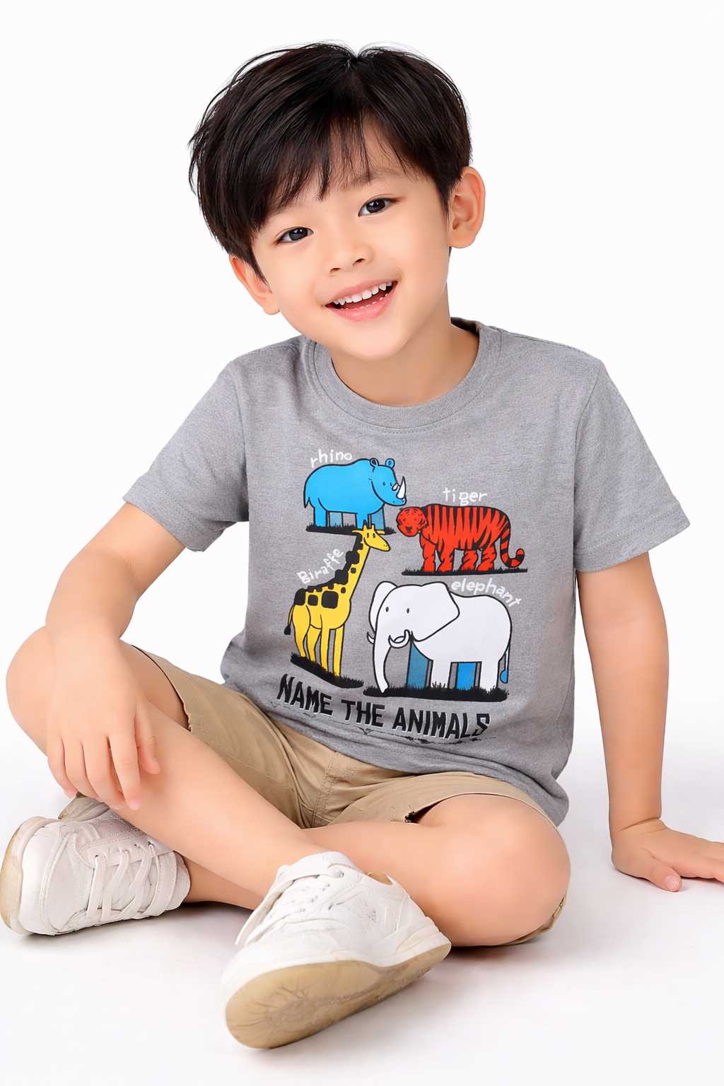 Boys Animal Graphic T-Shirt – Grey Safari Print