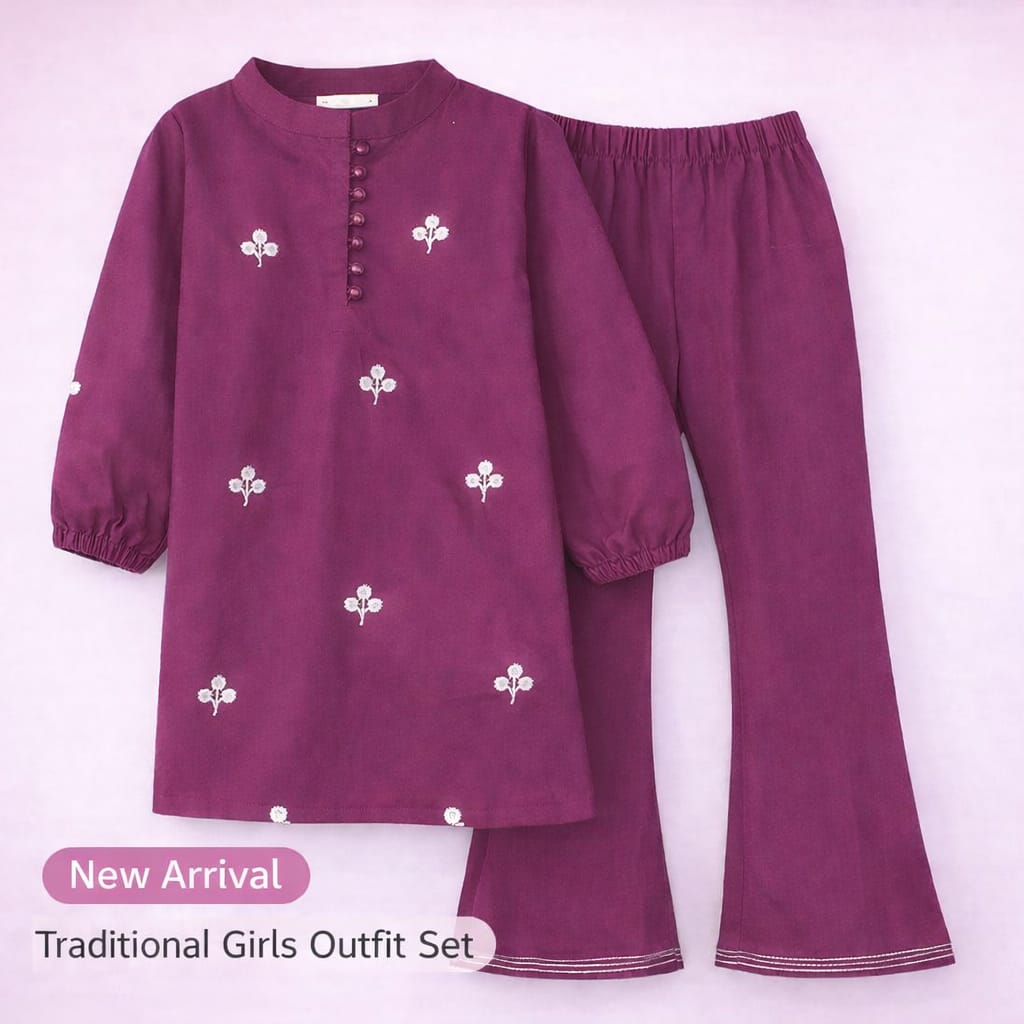Plum Floral Embroidered 2-Piece Girls Outfit Set